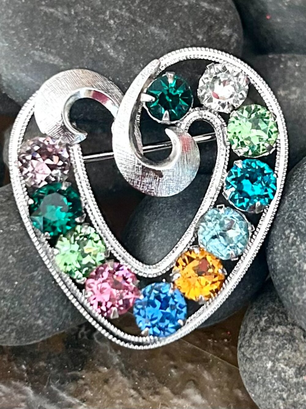 Rainbow Rhinestone Silver Heart Brooch Pin